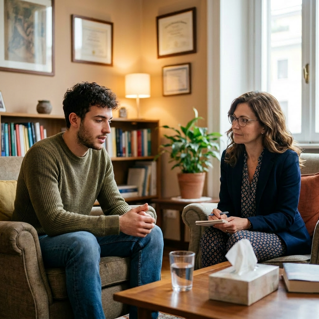 Young man talking to a female therapist in a counseling office