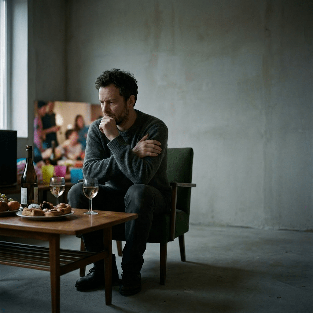 Man seated on a chair with arms crossed, looking away from two glasses of white wine on a table.