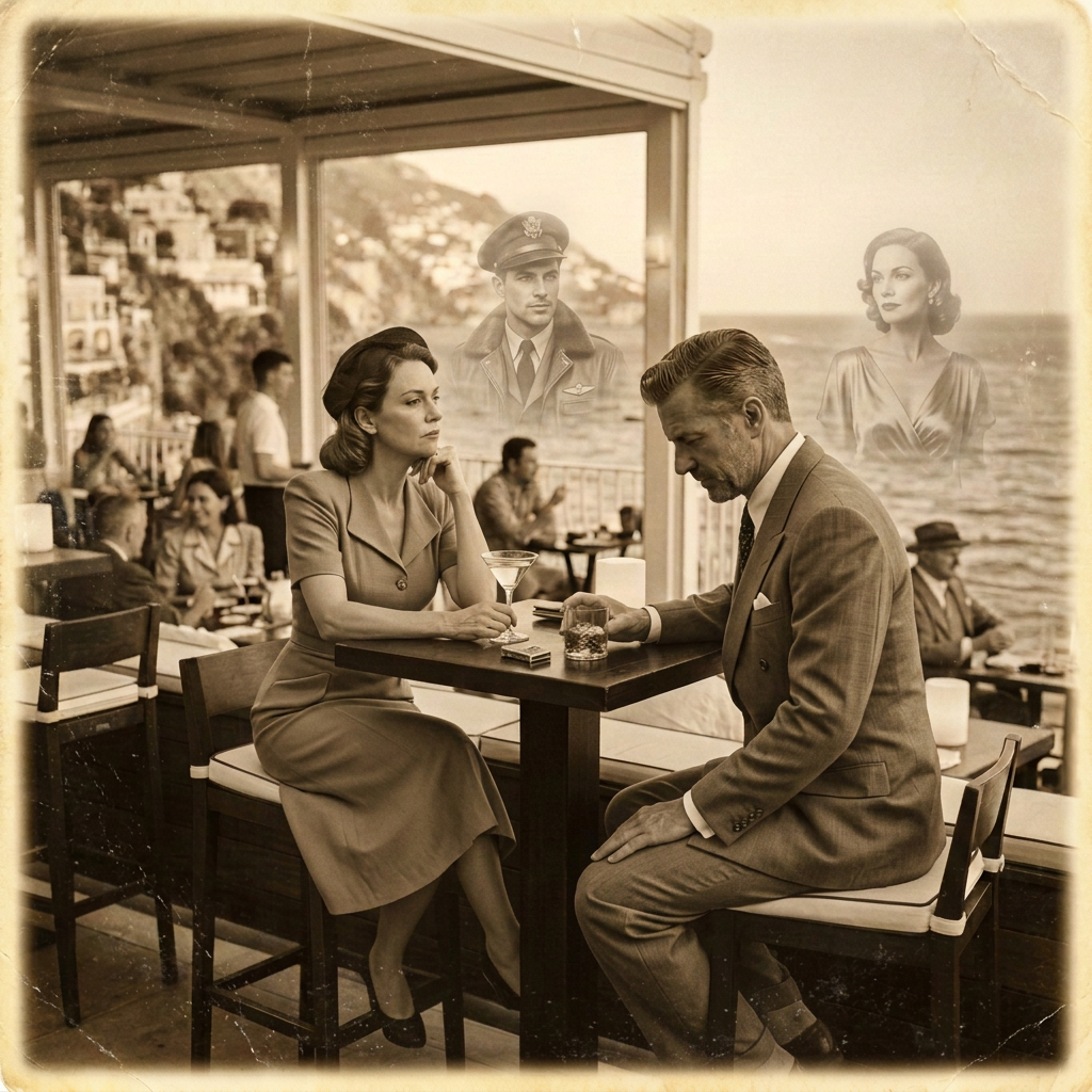 1940s couple seaside cafe thinking about exes